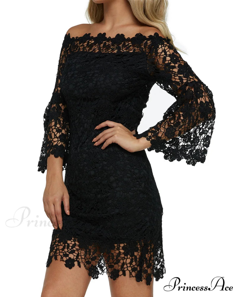 Off Shoulder Lace Patchwork Mini Dress with Flare Sleeves S / Orange