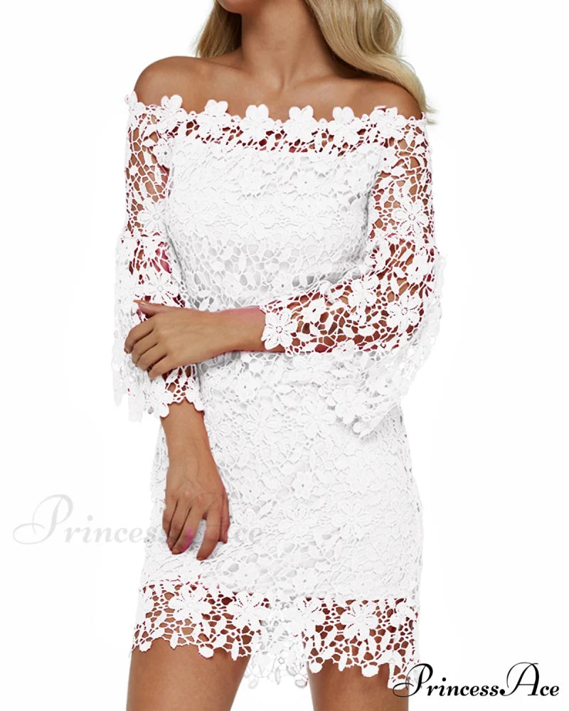 Off Shoulder Lace Patchwork Mini Dress with Flare Sleeves S / Pink