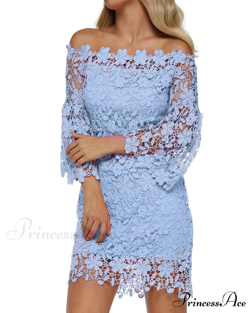 Off Shoulder Lace Patchwork Mini Dress with Flare Sleeves S / Red