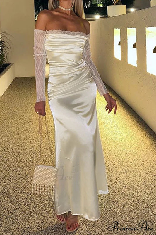 Off Shoulder Lace Sleeve Satin Ruched Dress Champagne / S