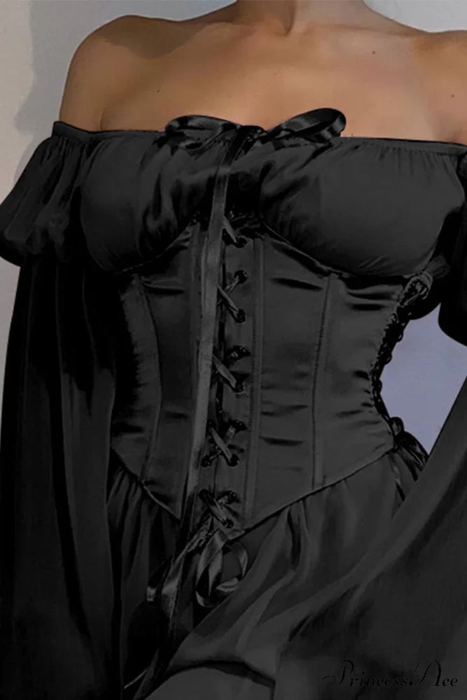 Off Shoulder Lace-up Corset Ruched Dress Black / Girdling / S