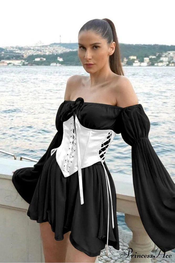 Off Shoulder Lace-up Corset Ruched Dress Black / Dress / M