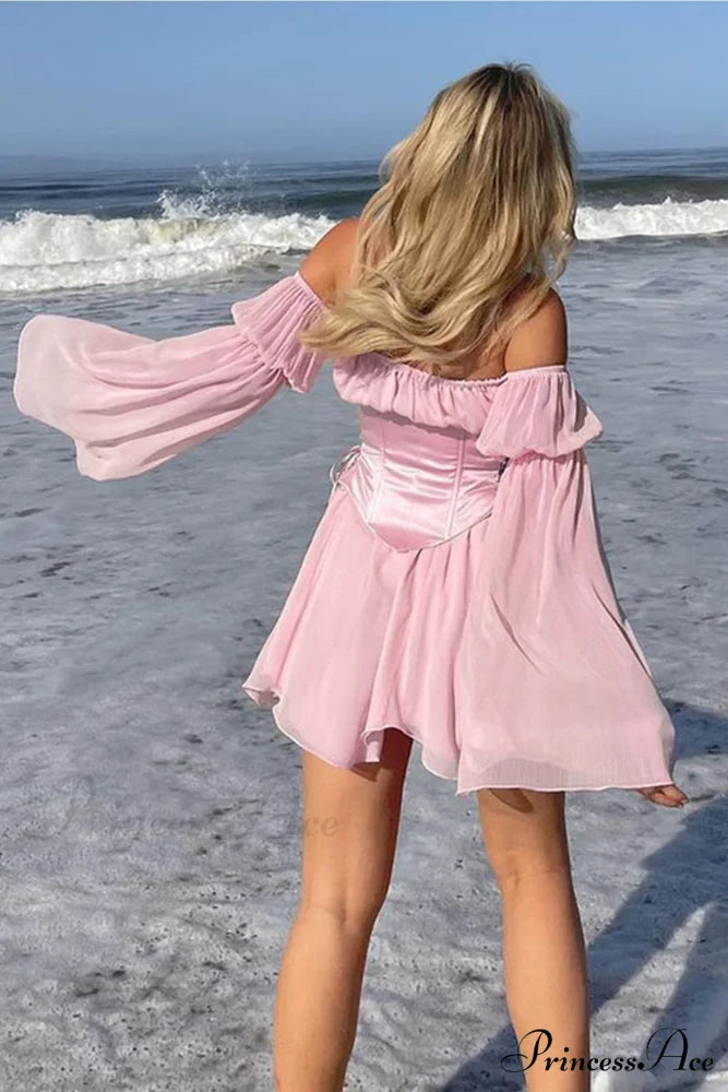 Off Shoulder Lace-up Corset Ruched Dress Pink / Dress / L