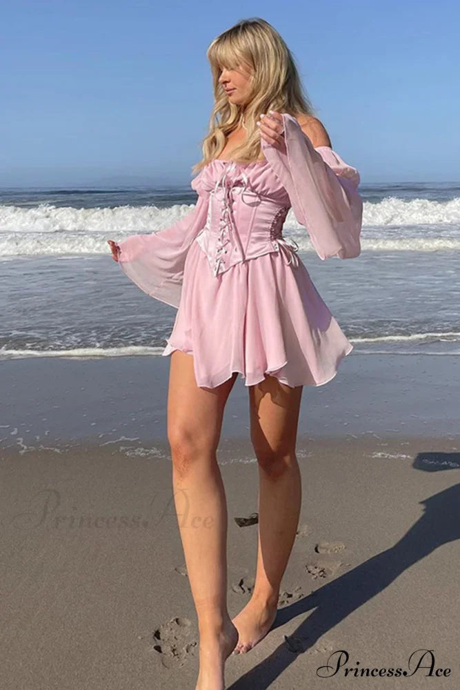 Off Shoulder Lace-up Corset Ruched Dress Pink / Dress / M