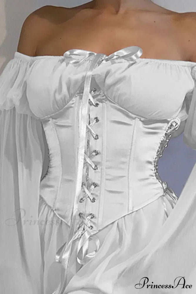 Off Shoulder Lace-up Corset Ruched Dress White / Girdling / S