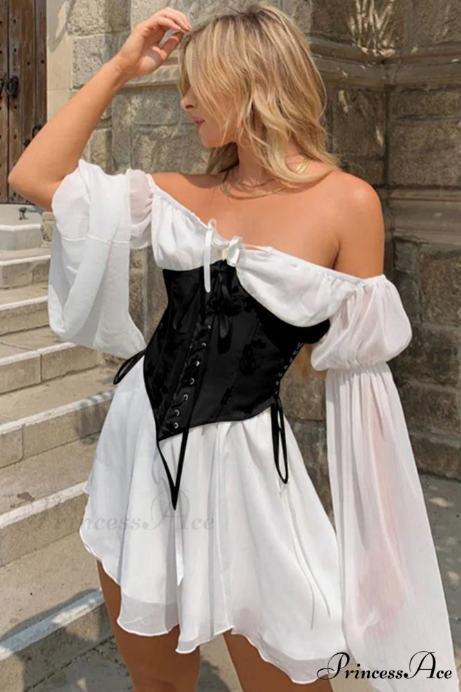 Off Shoulder Lace-up Corset Ruched Dress White / Dress / S
