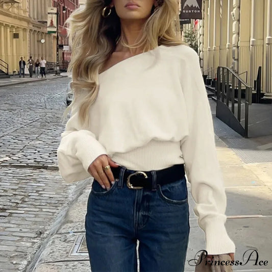 Off-Shoulder Lengthy-Sleeved Knitted Jumper Apricot / S swraters-241228