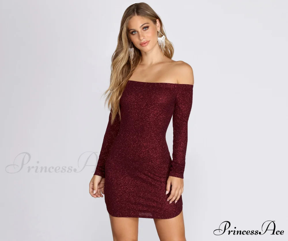 Off Shoulder Long Charming Sleeve Glittering Mini Dress BURGUNDY / XS