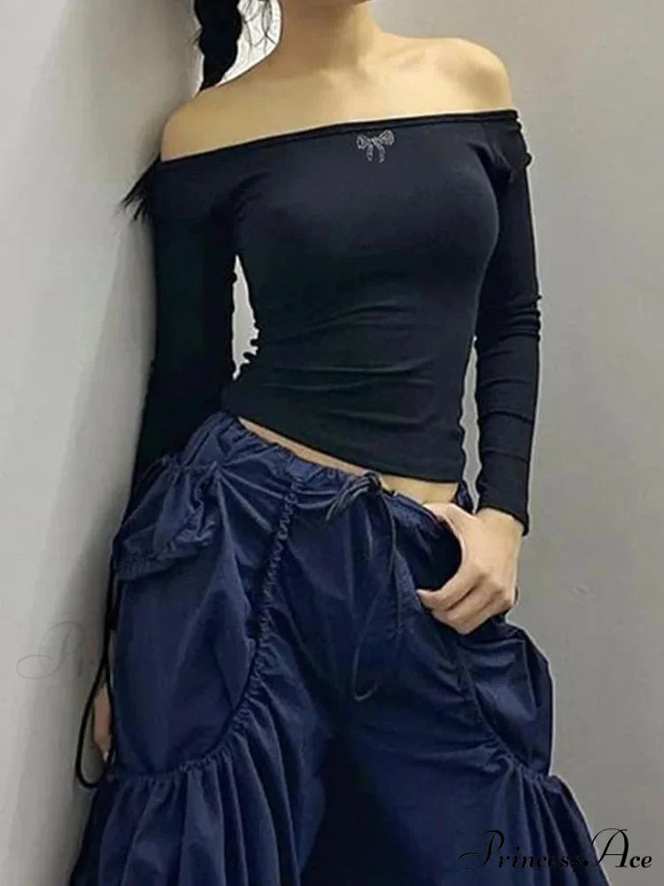 Off-shoulder Long Sleeve Charming Backless Bow Crop Top