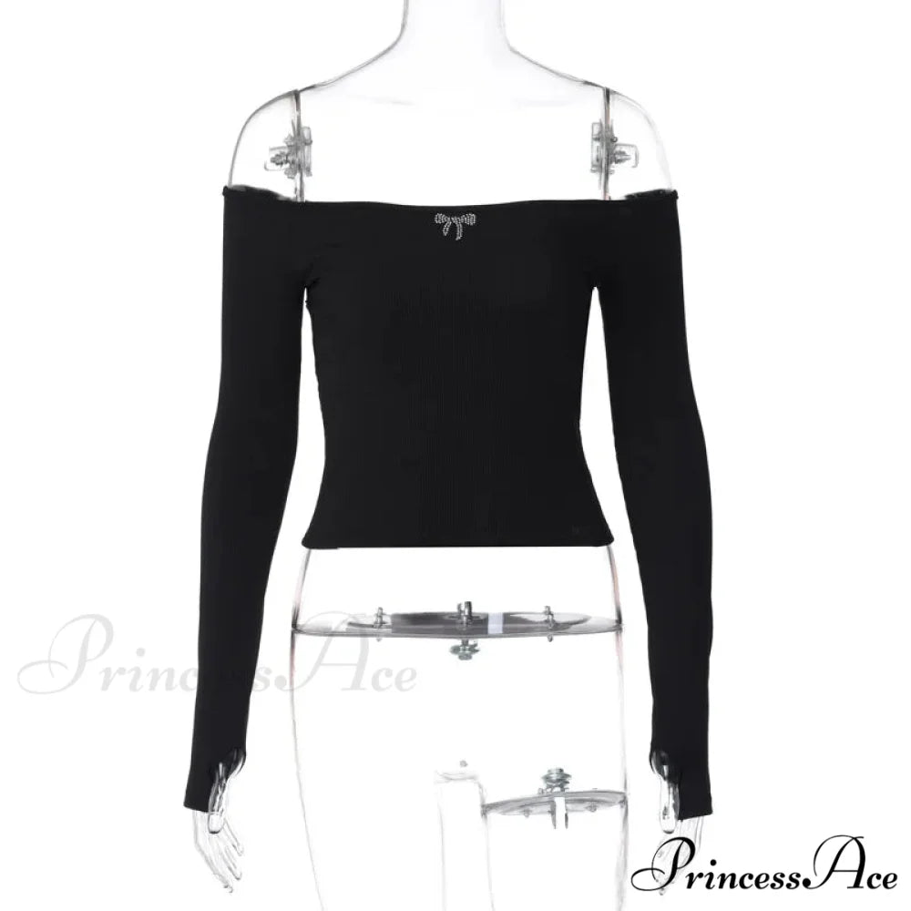 Off-shoulder Long Sleeve Charming Backless Bow Crop Top black / S