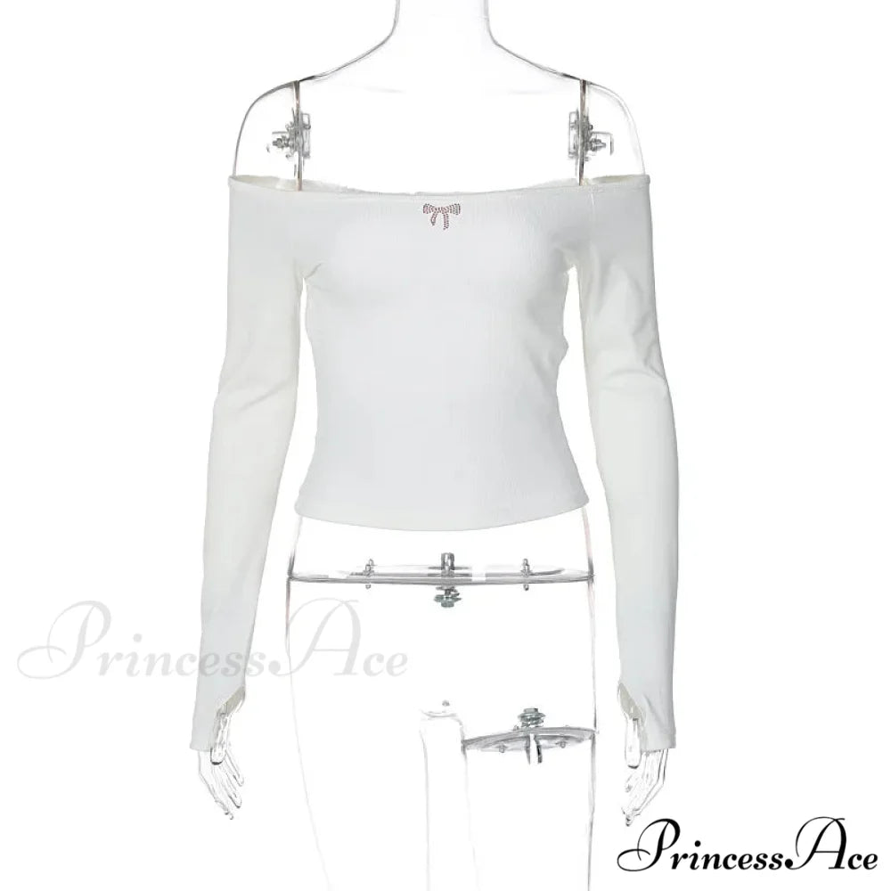 Off-shoulder Long Sleeve Charming Backless Bow Crop Top WHITE / S