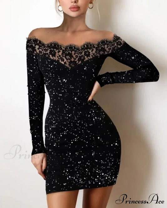 Off Shoulder Long Sleeve Contrast Lace Glitter Bodycon Mini Dress