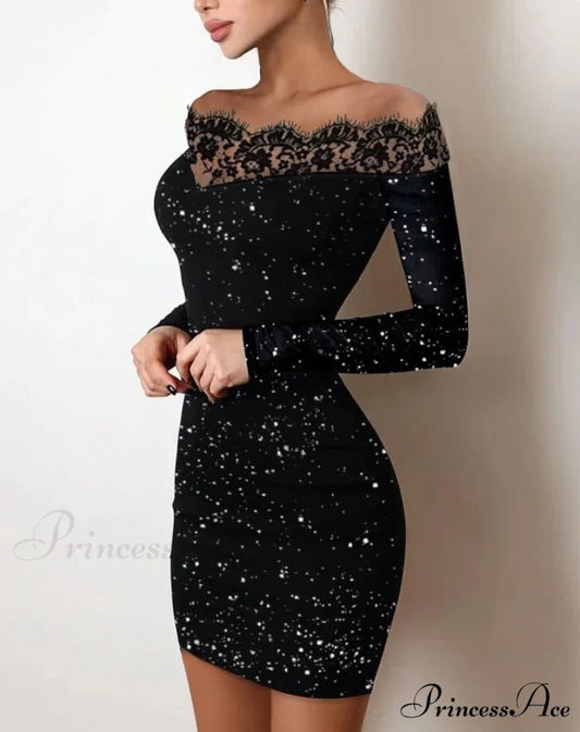 Off Shoulder Long Sleeve Contrast Lace Glitter Bodycon Mini Dress Black 1 / S