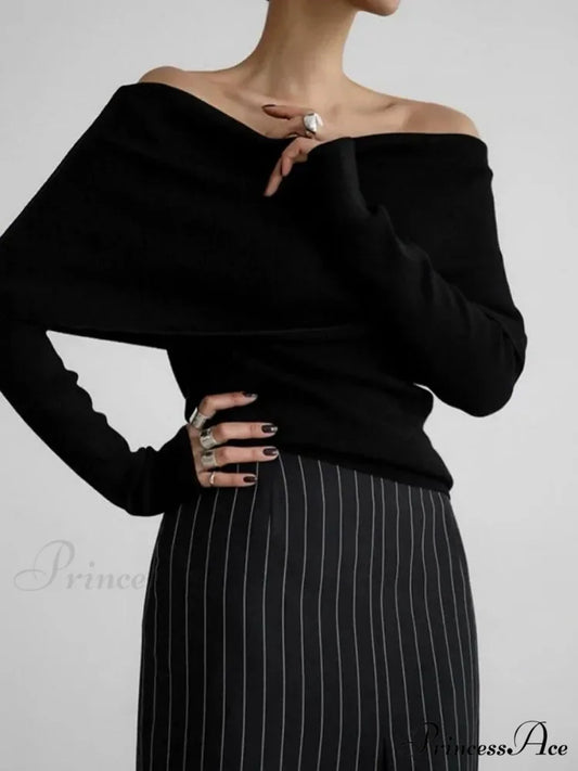 Off Shoulder Long Sleeve Skinny Sweater Modified Output: Off Exposed Elbow Extended Sleeve Slim Fit Jumper BLACK / S