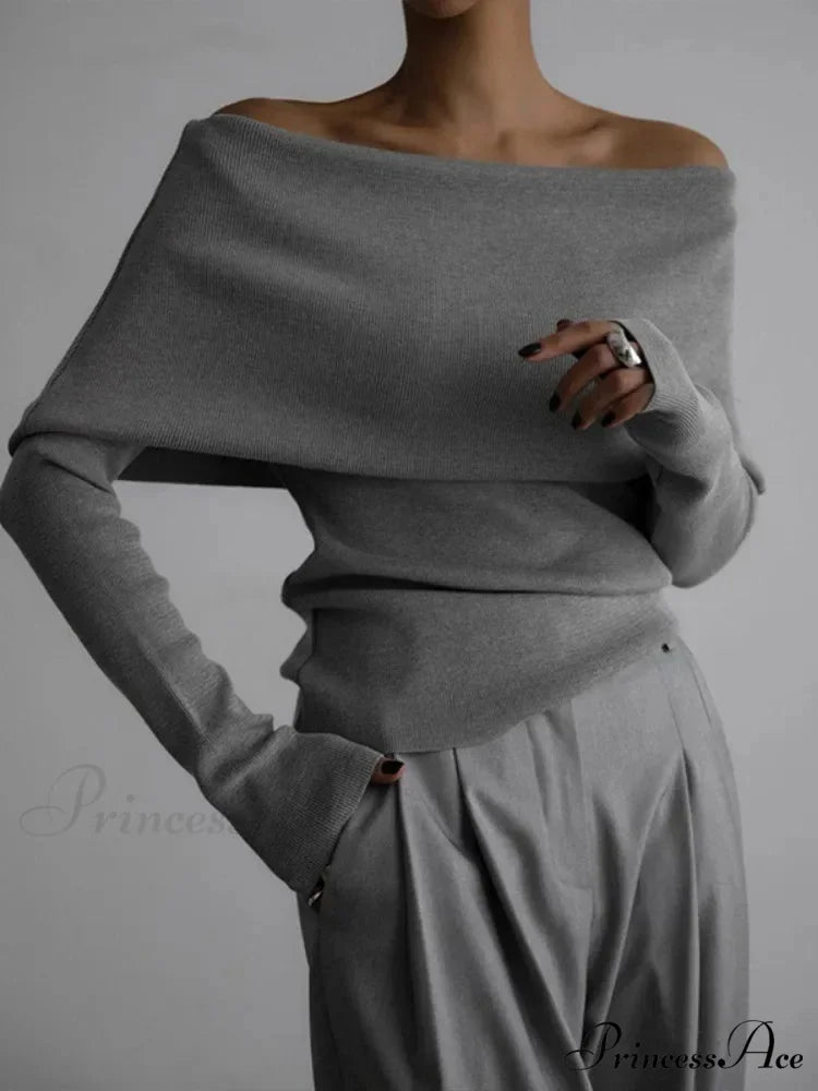 Off Shoulder Long Sleeve Skinny Sweater Modified Output: Off Exposed Elbow Extended Sleeve Slim Fit Jumper GRAY / S