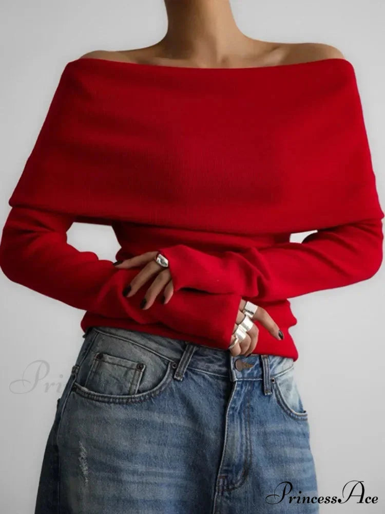 Off Shoulder Long Sleeve Skinny Sweater Modified Output: Off Exposed Elbow Extended Sleeve Slim Fit Jumper RED / S