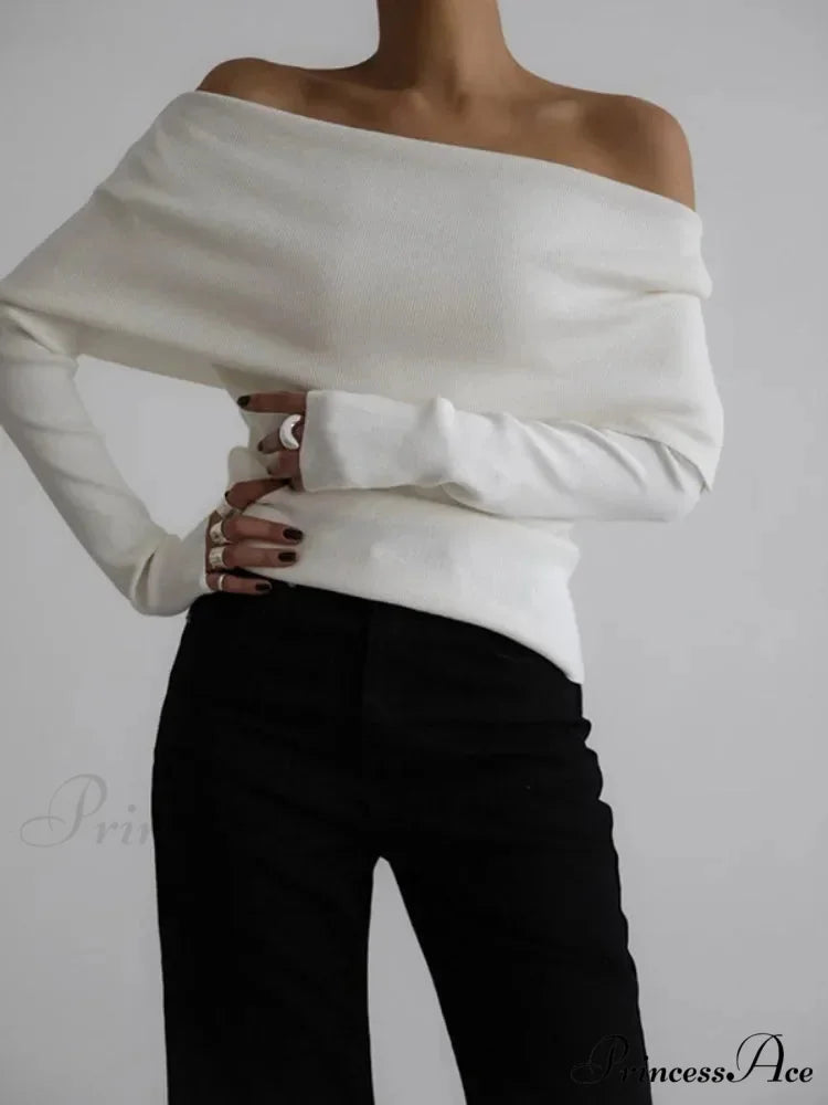 Off Shoulder Long Sleeve Skinny Sweater Modified Output: Off Exposed Elbow Extended Sleeve Slim Fit Jumper WHITE / S