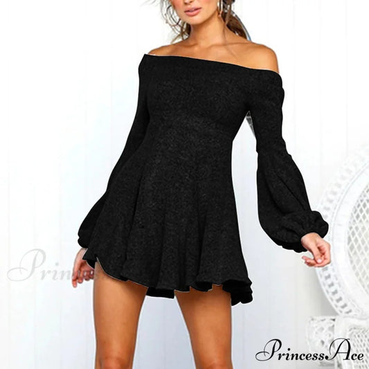 Off Shoulder Long Sleeve Slash Neck Sexy Mini Dress Black / S