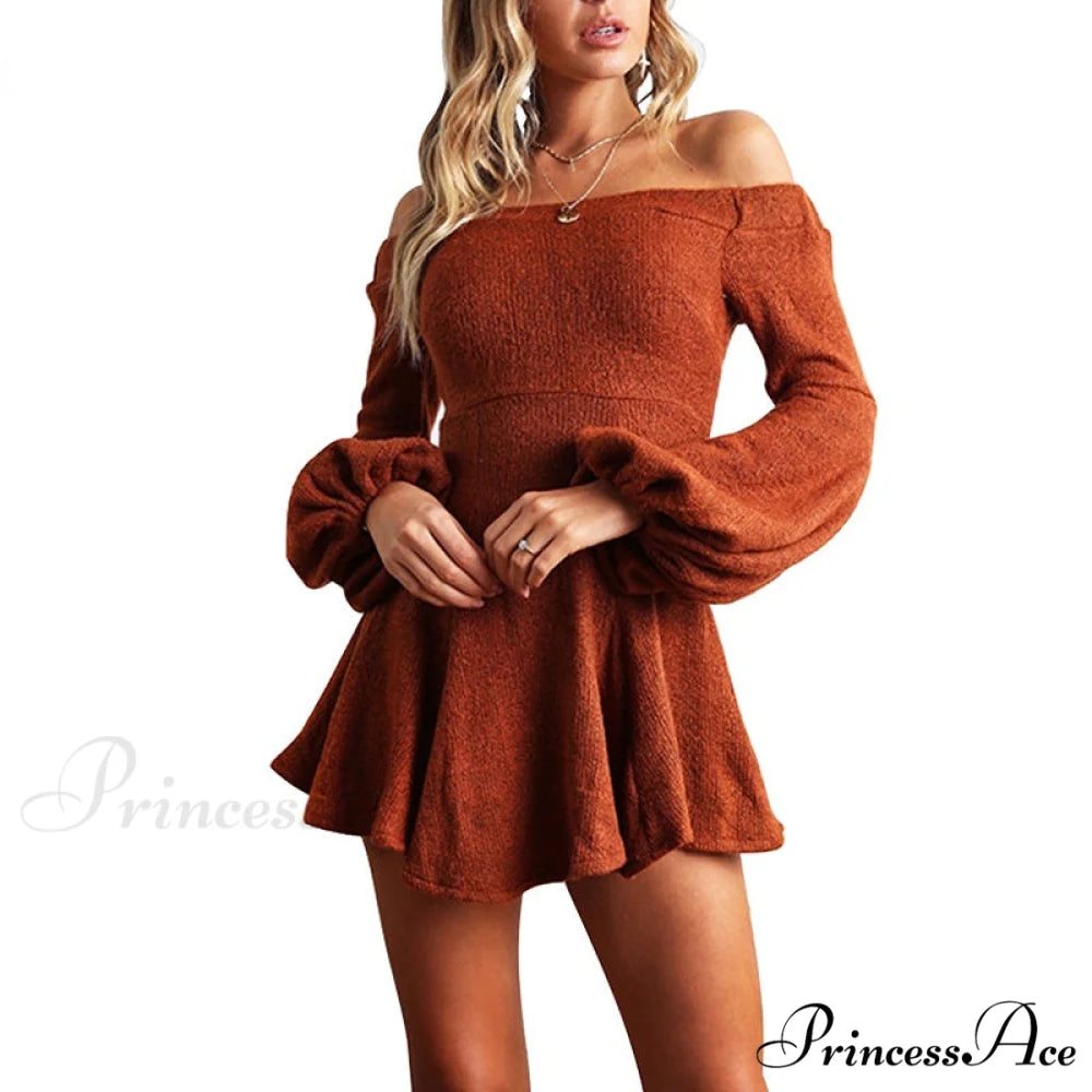 Off Shoulder Long Sleeve Slash Neck Sexy Mini Dress Orange / S