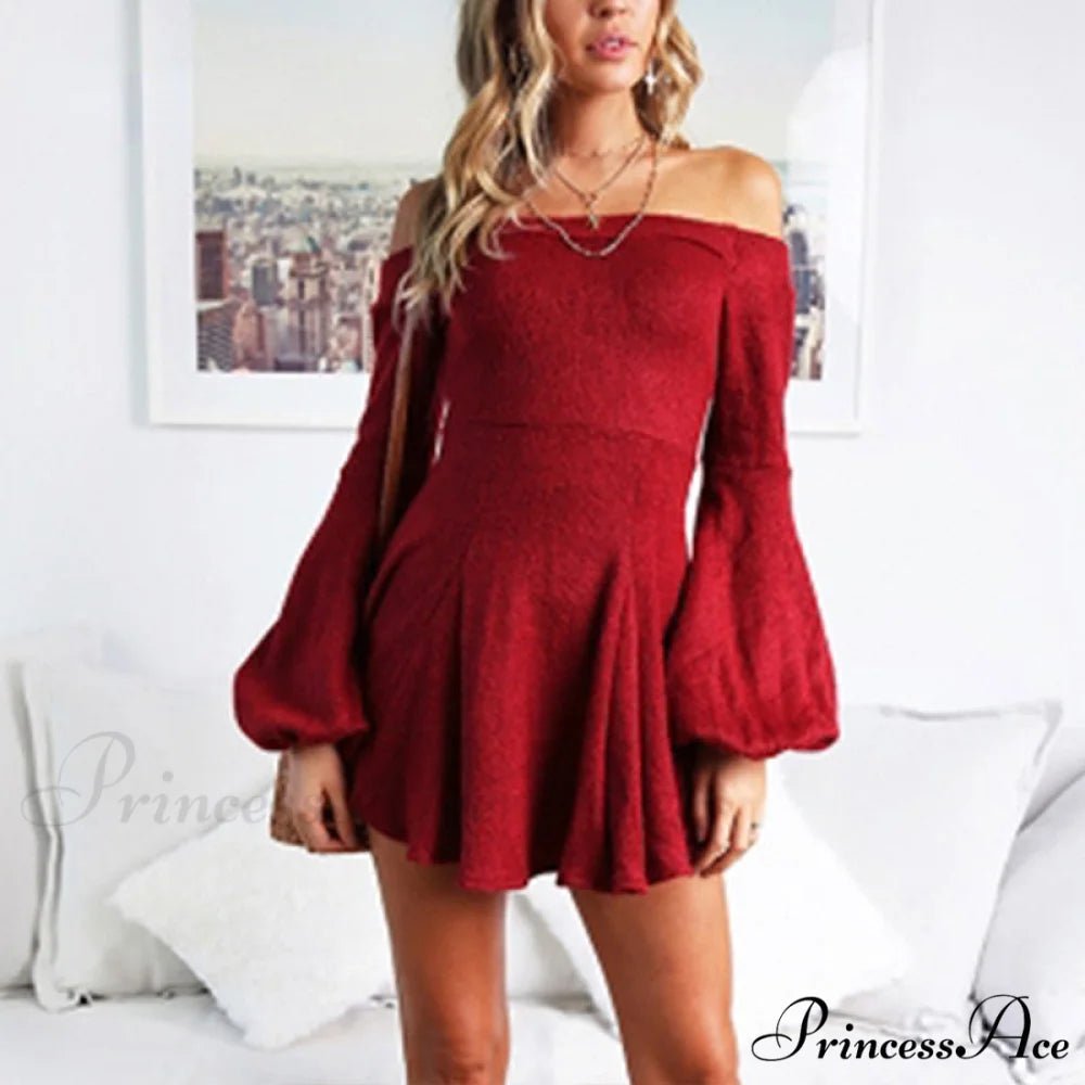 Off Shoulder Long Sleeve Slash Neck Sexy Mini Dress Red / S
