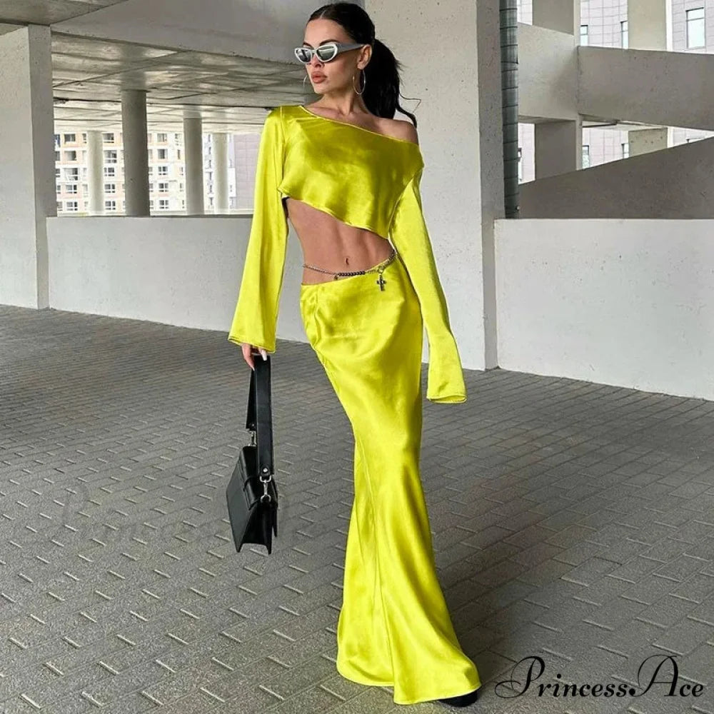 Off Shoulder Long Sleeve Top and Skirt 2 Piece Set Asymmetric Silky Co-Ords Matching Sets Midi Dress Yellow / S