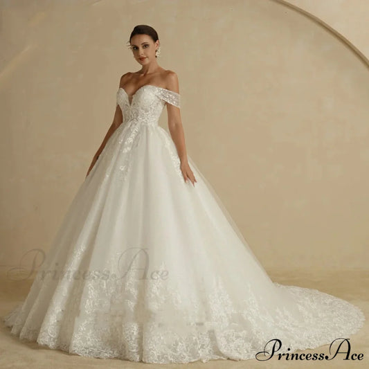 Off-Shoulder Majestic Elegance Wedding Gown lvory white / 2 weddingdress-250223