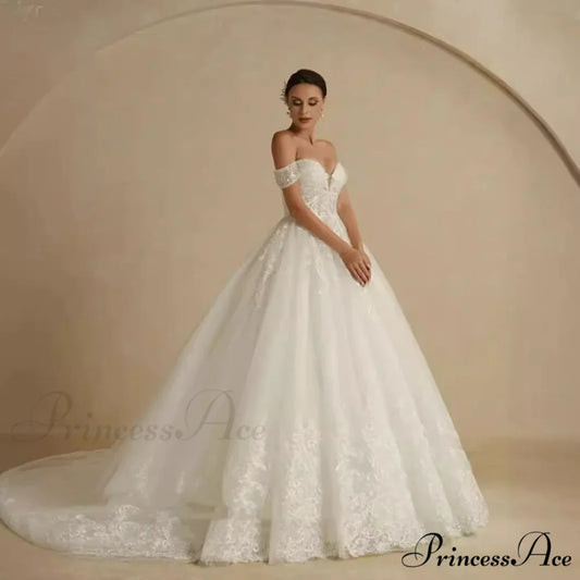 Off-Shoulder Majestic Elegance Wedding Gown weddingdress-250223