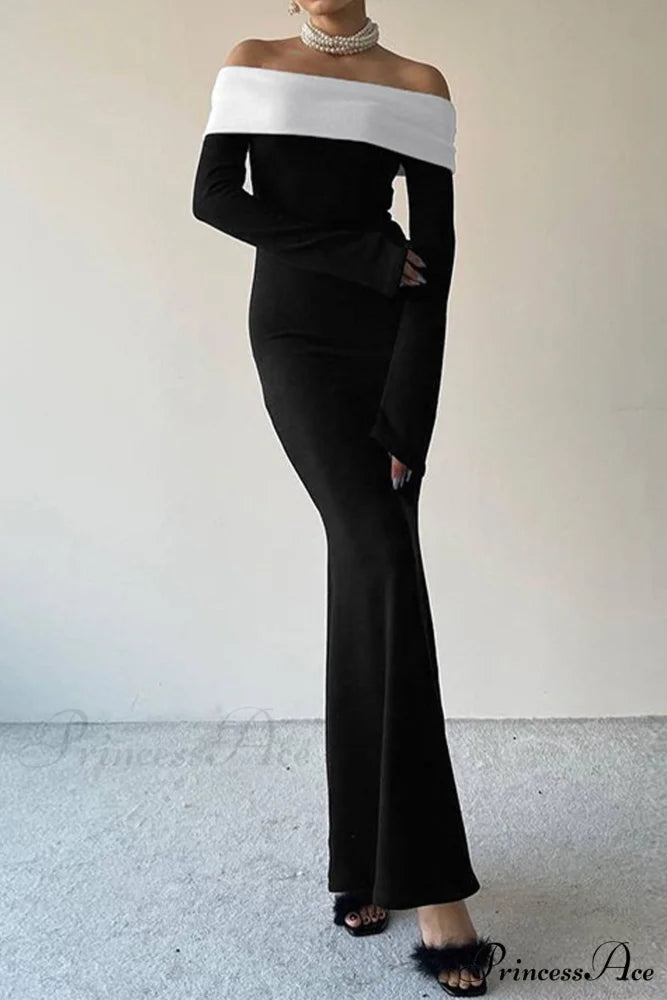 Off Shoulder Maxi Dress with Contrast Black / L