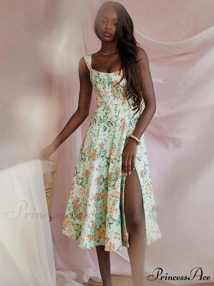 Off Shoulder Midi A-line Holiday Dress Green / S vacationdress-250223