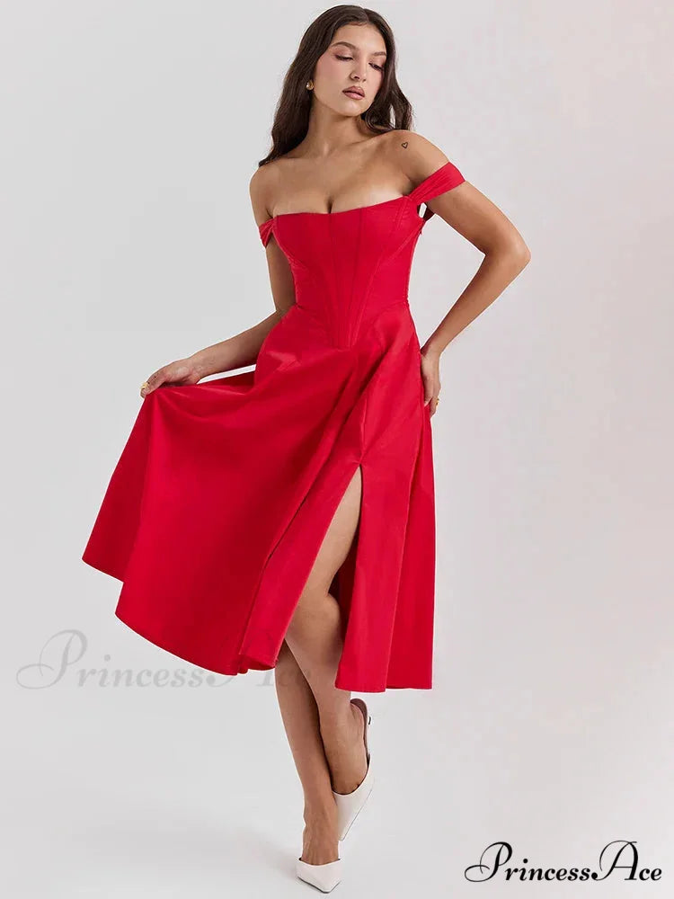 Off Shoulder Midi A-line Holiday Dress Red / S vacationdress-250223