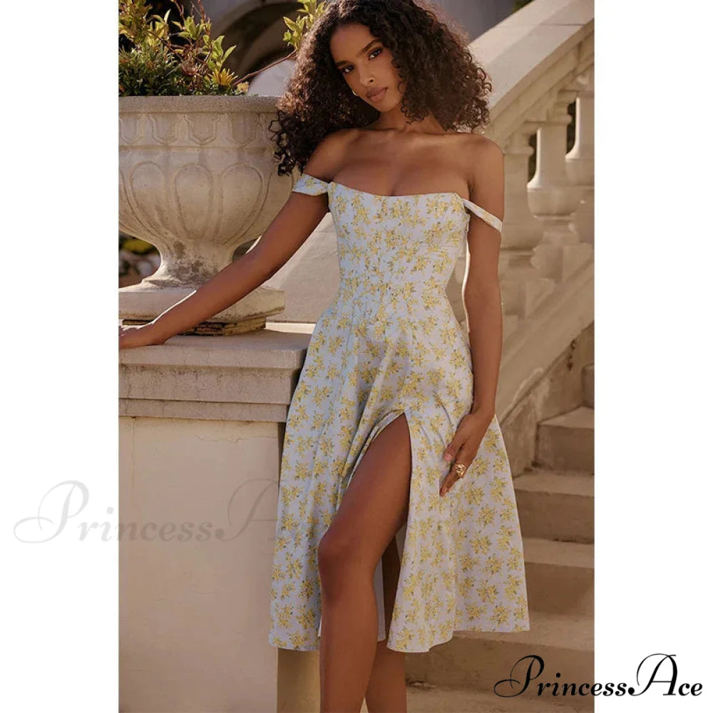 Off Shoulder Midi A-line Holiday Dress vacationdress-250223