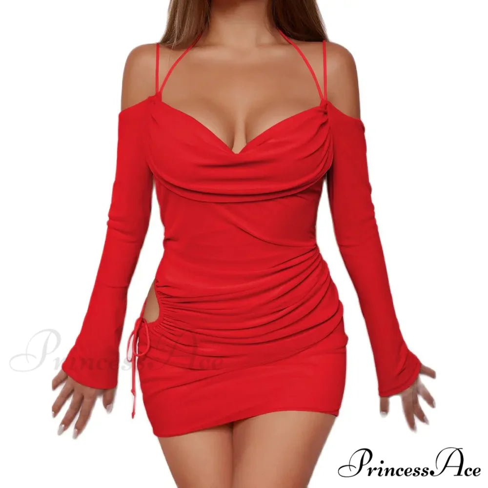 Off Shoulder Mini Long Sleeve Low Cut Lace Up Hollow Out Nightclub Bodycon Backless Cut Out Dress RED / XS