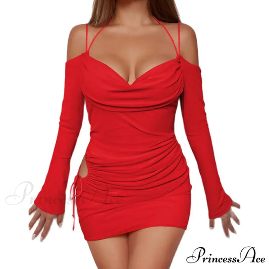 Off Shoulder Mini Long Sleeve Low Cut Lace Up Hollow Out Nightclub Bodycon Backless Cut Out Dress RED / XS