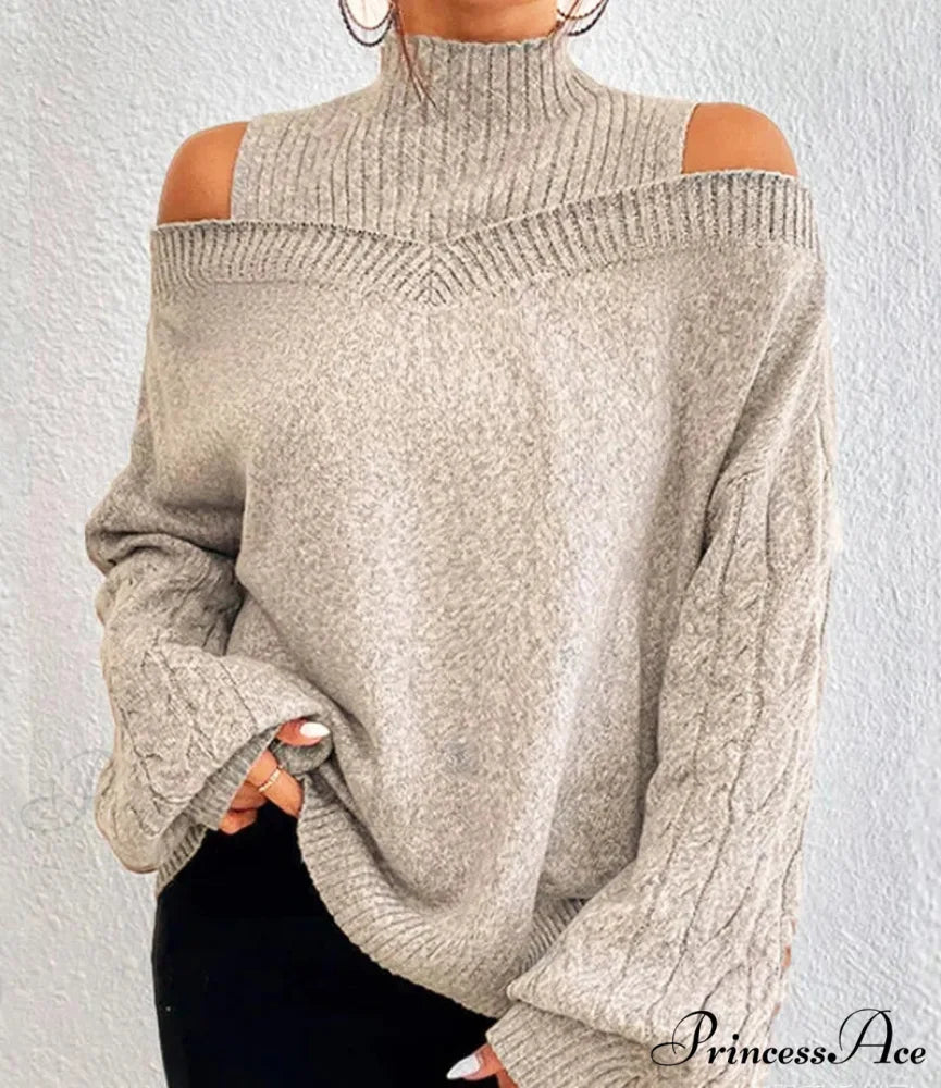 Off Shoulder Partially High Neck Knit Sweater apricot / S swraters-241228