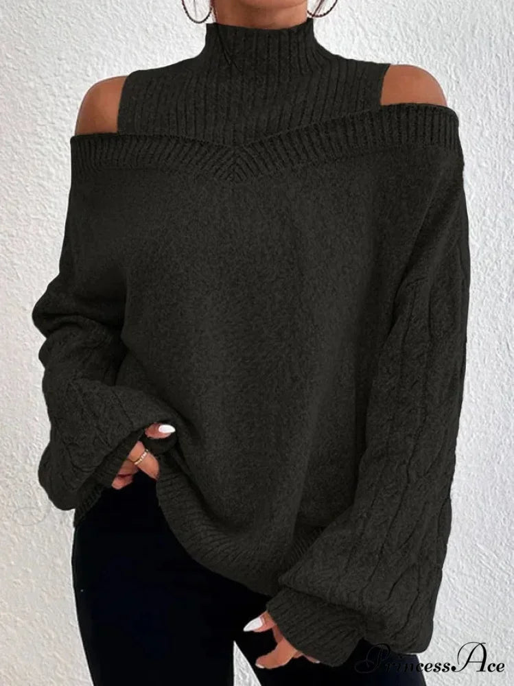 Off Shoulder Partially High Neck Knit Sweater Black / S swraters-241228
