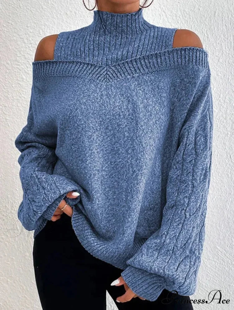 Off Shoulder Partially High Neck Knit Sweater blue / S swraters-241228