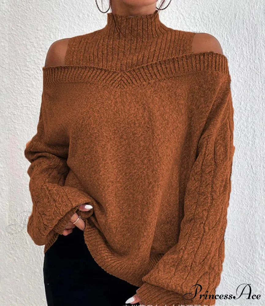 Off Shoulder Partially High Neck Knit Sweater Camel / S swraters-241228