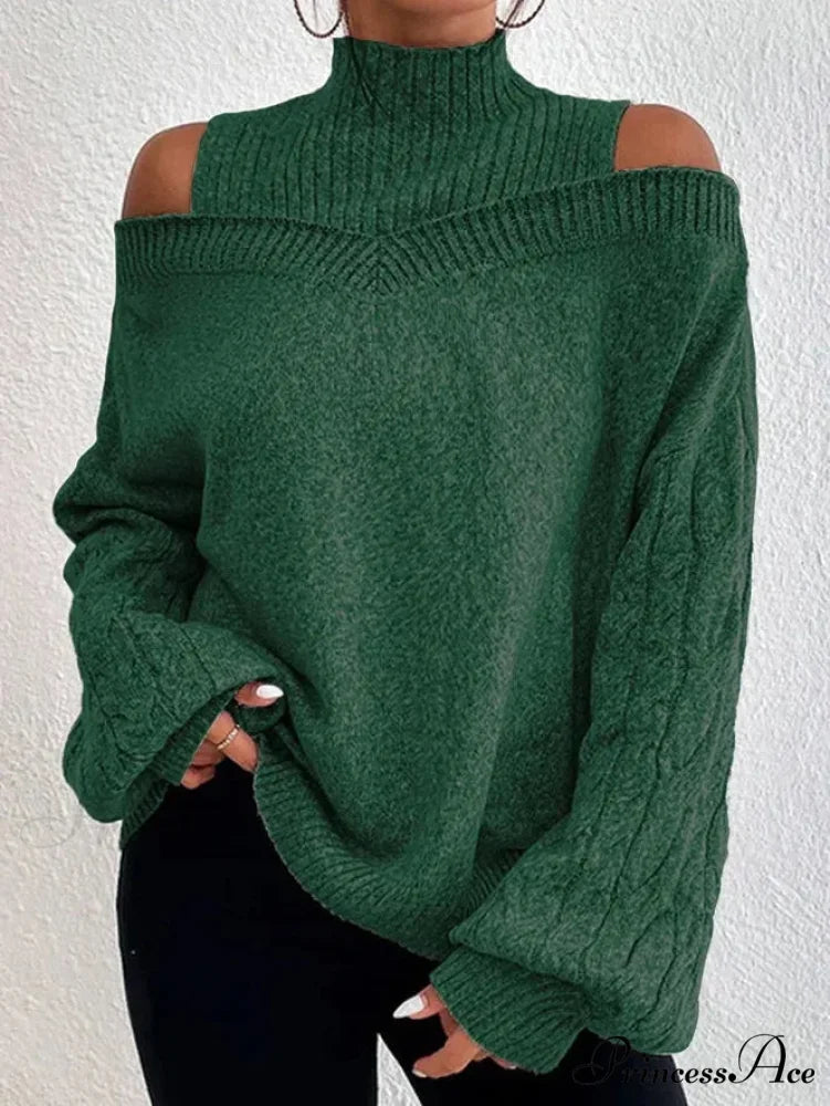 Off Shoulder Partially High Neck Knit Sweater dark green / S swraters-241228