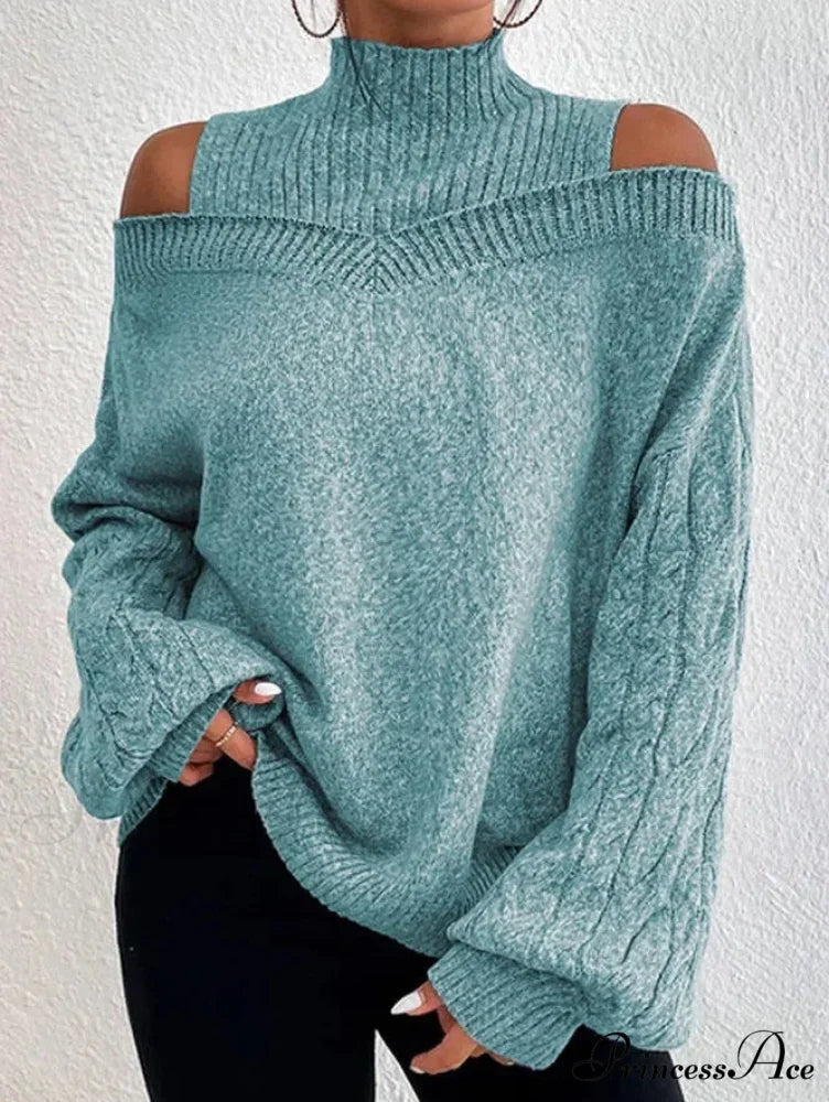 Off Shoulder Partially High Neck Knit Sweater green / S swraters-241228
