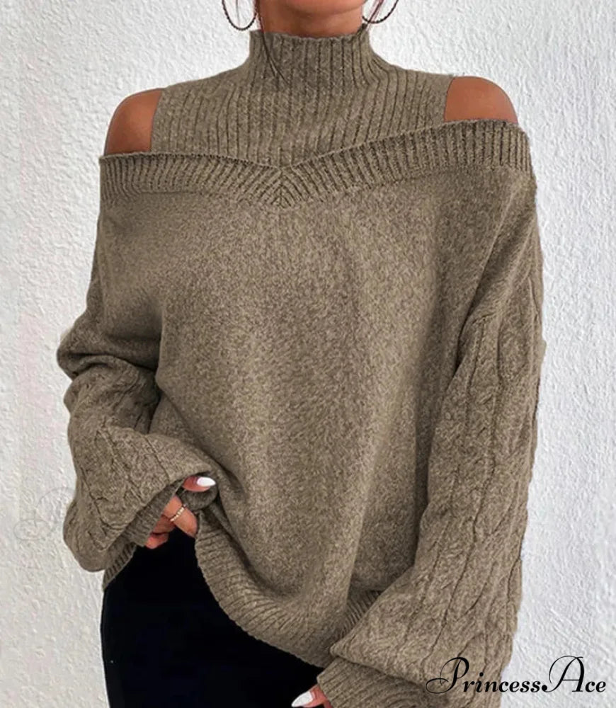 Off Shoulder Partially High Neck Knit Sweater khaki / S swraters-241228