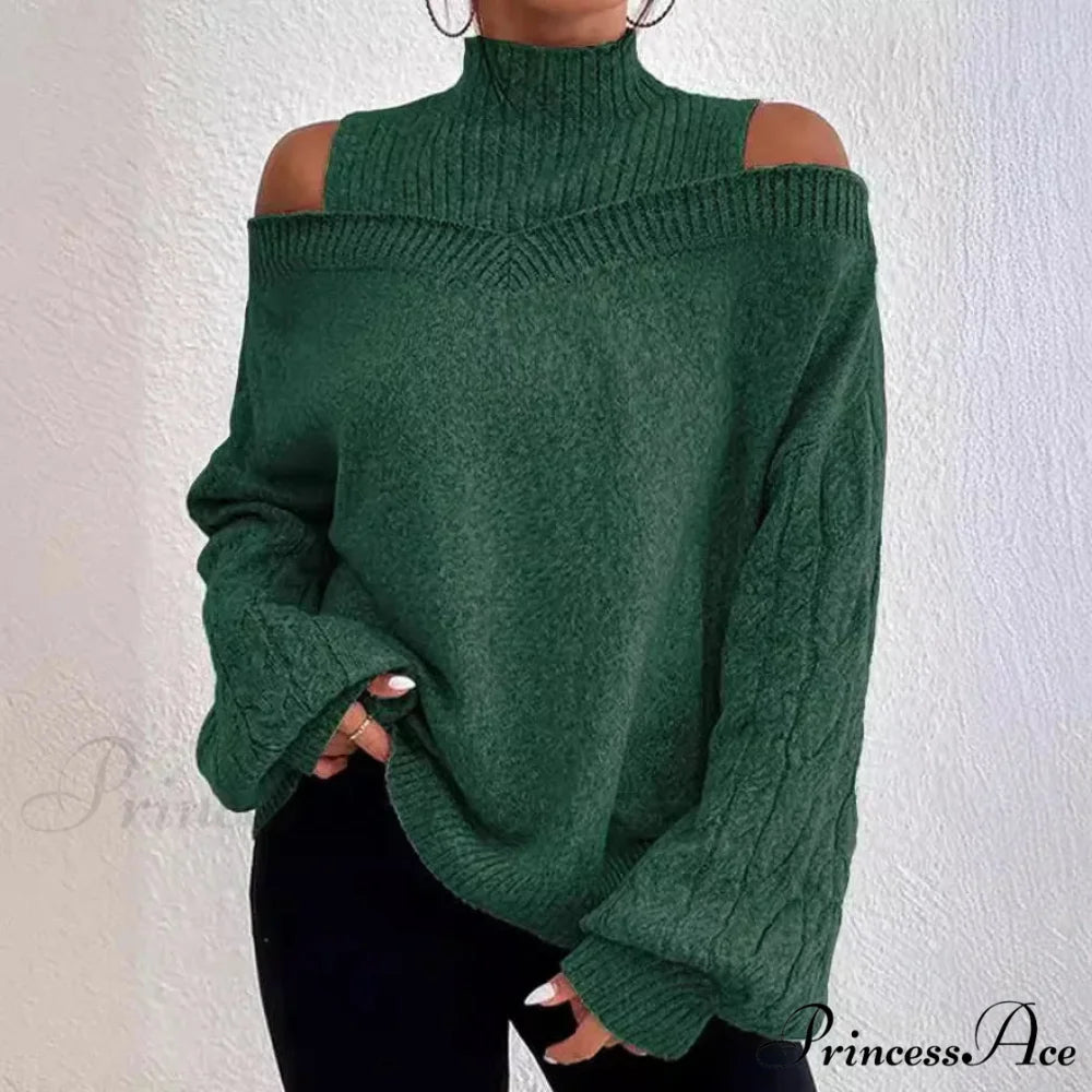 Off Shoulder Partially High Neck Knit Sweater swraters-241228