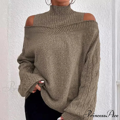 Off Shoulder Partially High Neck Knit Sweater swraters-241228