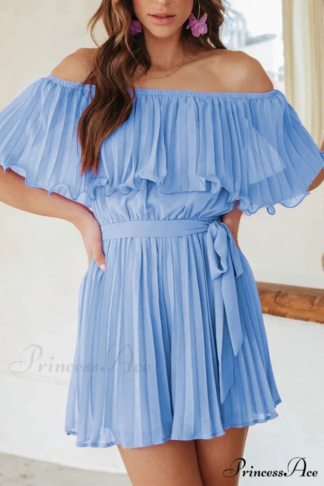 Off Shoulder Pleated Tie-waist Rompers Blue / S