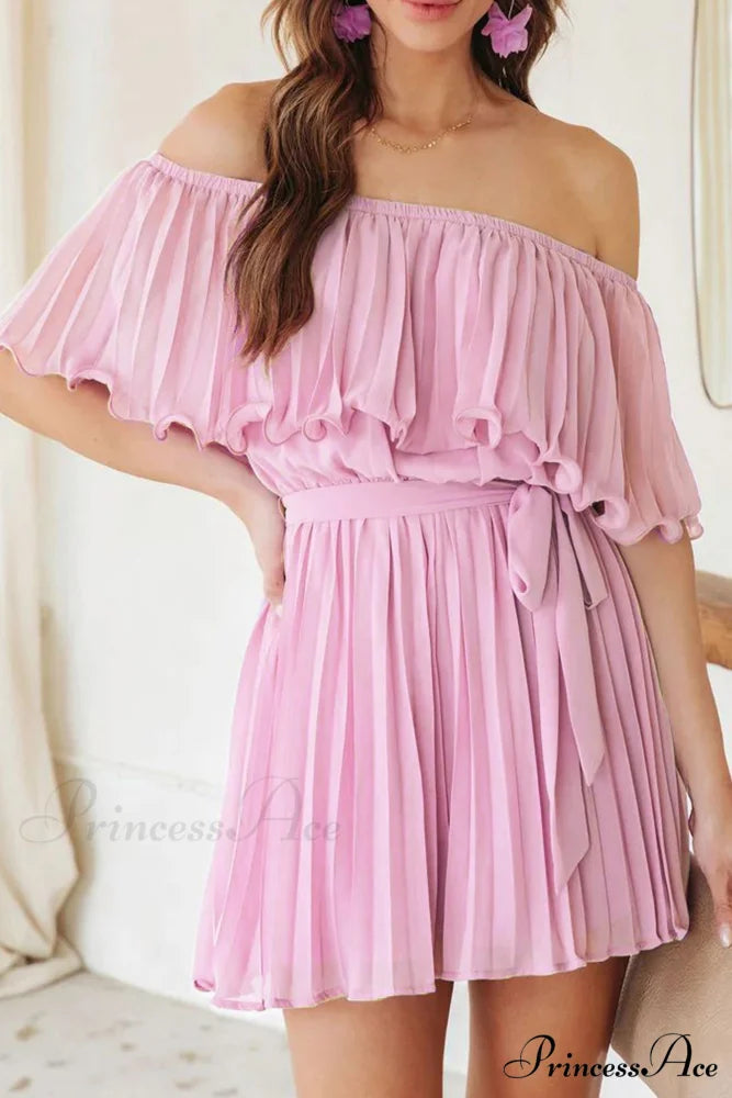 Off Shoulder Pleated Tie-waist Rompers Light Purple / S