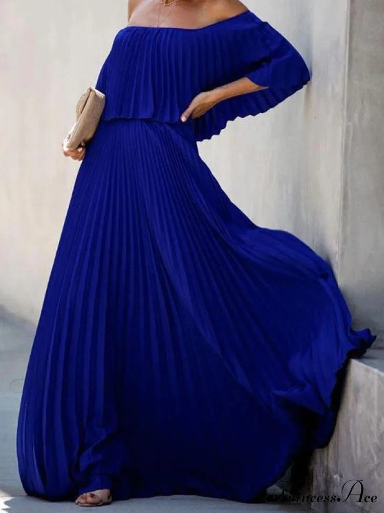 Off Shoulder Pleats Chiffon Maxi Dress for Summer S / Black