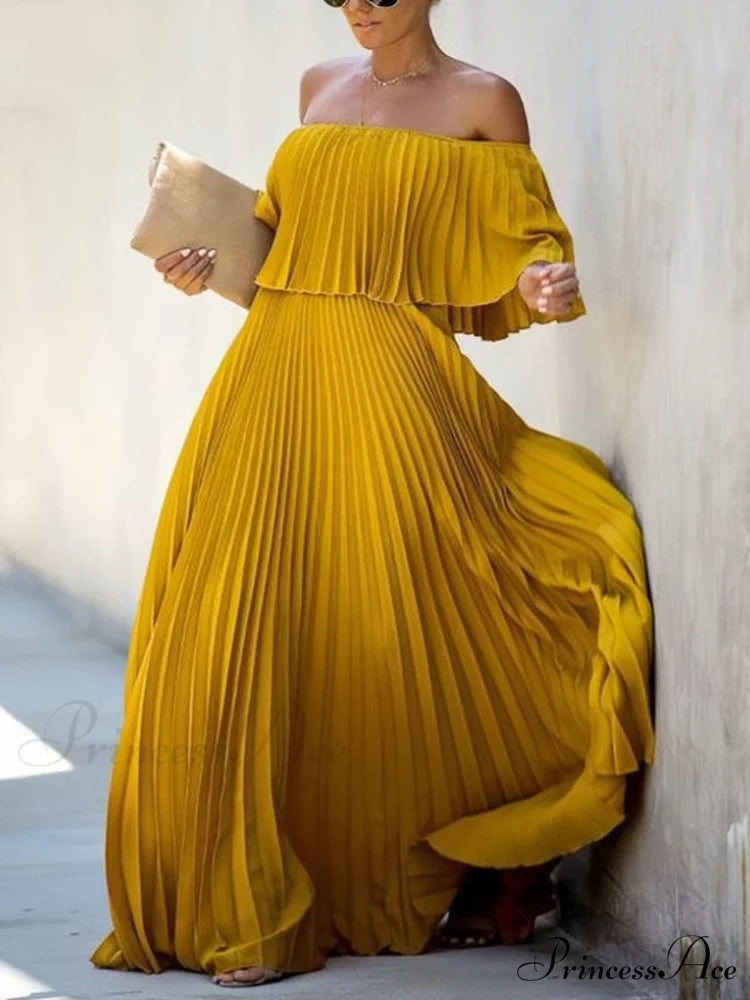 Off Shoulder Pleats Chiffon Maxi Dress for Summer S / Fuchsia