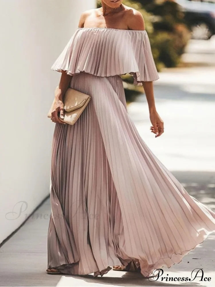 Off Shoulder Pleats Chiffon Maxi Dress for Summer S / Pink