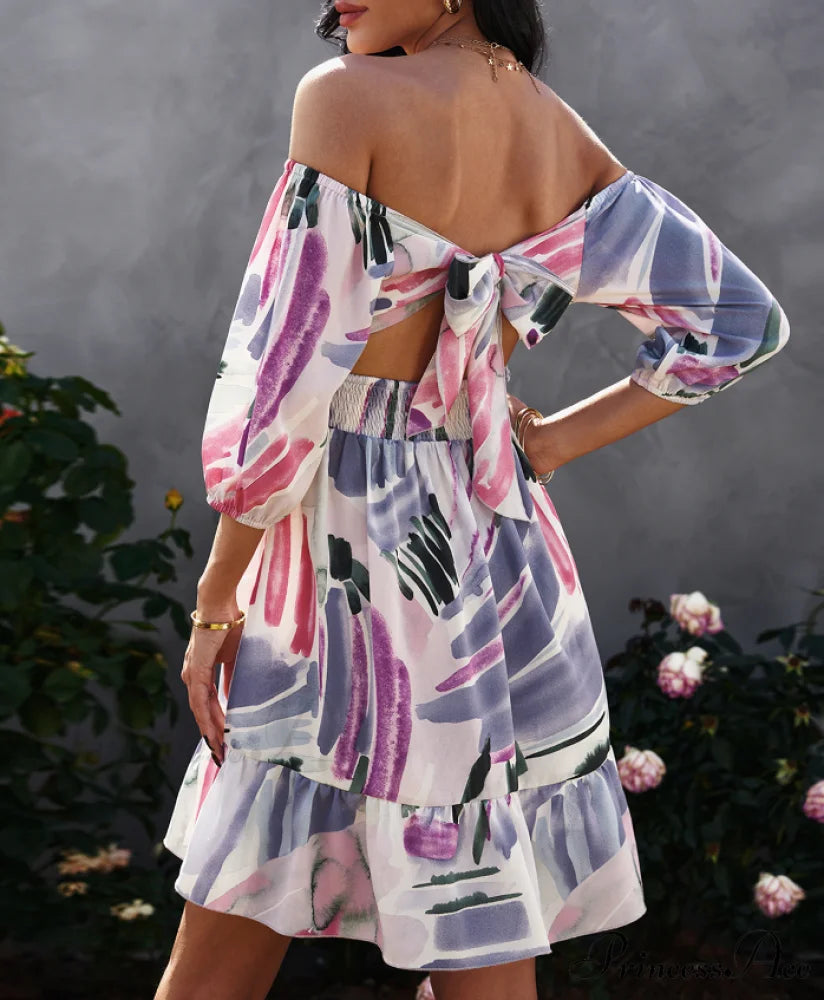 Off Shoulder Print Mini Dress Summer Women Slash Neck A-Line Floral Dress L / ORANGE