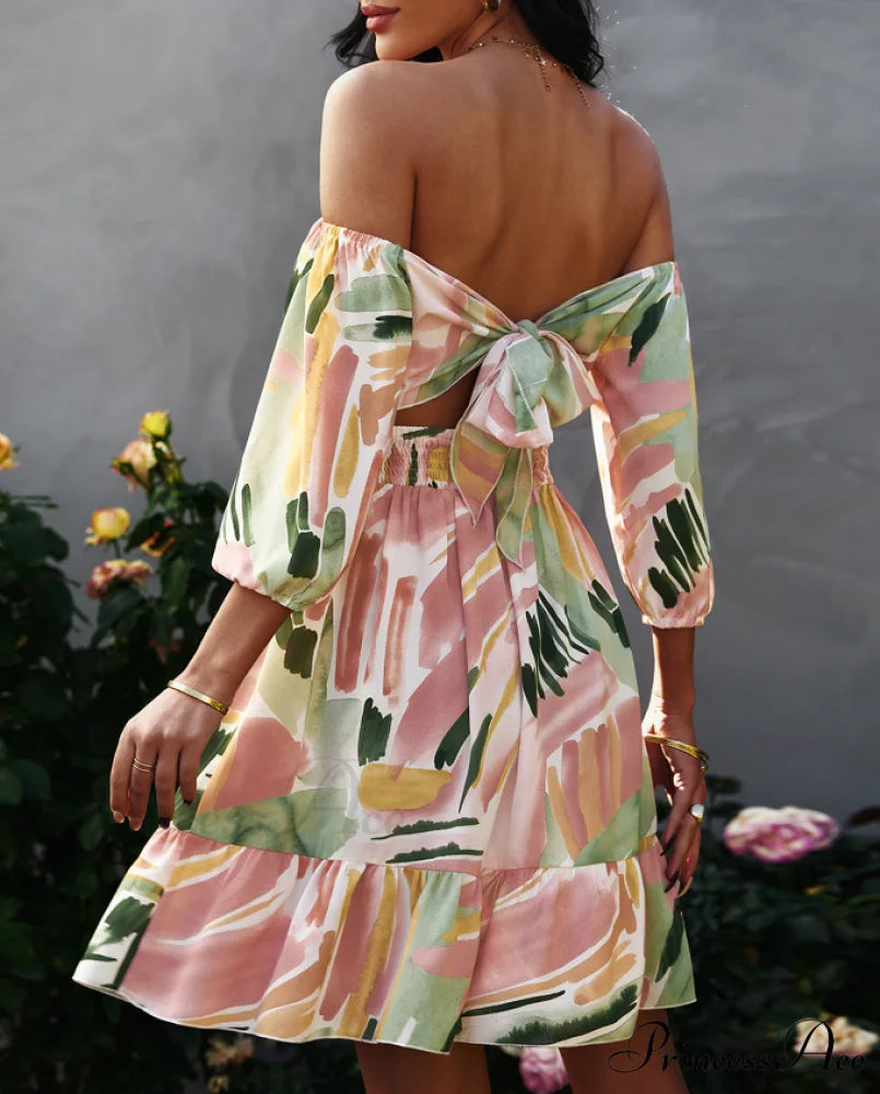 Off Shoulder Print Mini Dress Summer Women Slash Neck A-Line Floral Dress M / GREEN