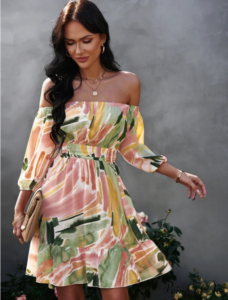 Off Shoulder Print Mini Dress Summer Women Slash Neck A-Line Floral Dress M / ORANGE